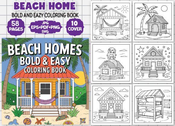 Beach Homes, Bold and Easy Coloring Book Graphics for Kdp Interiors