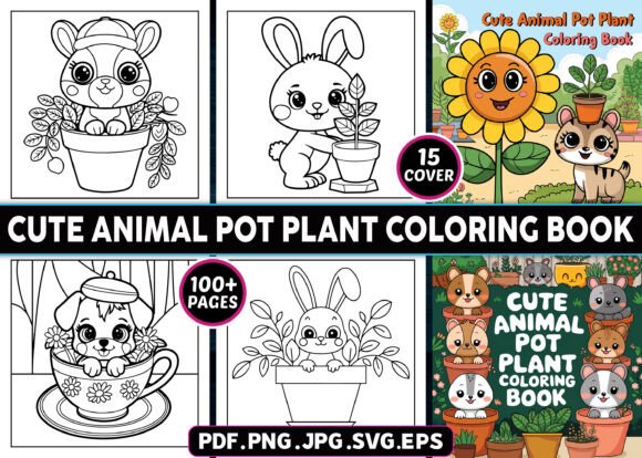 Cute Animal Pot Plant Coloring Pages Graphics for Kdp Interiors